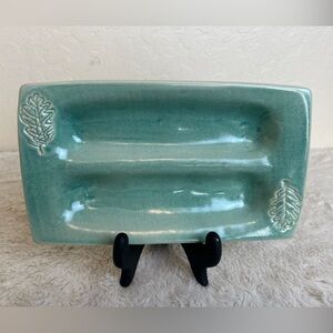 Studio Pottery Art Handmade Sm Tray Dish (Signed) 9”x5.5” Green Pottery Indented
